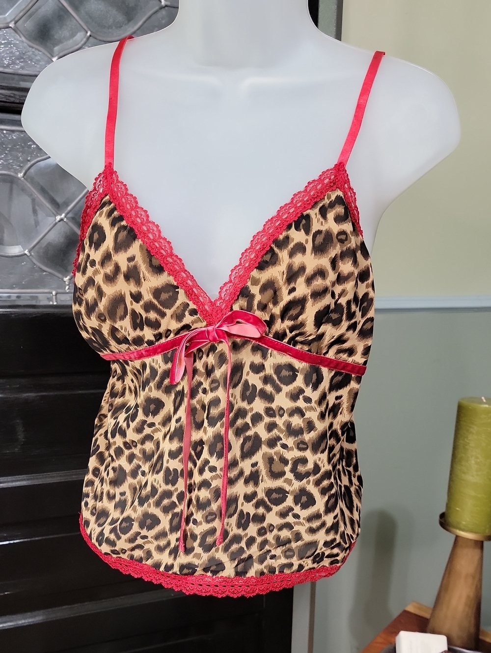 NWT Creamon Leopard Print Cami Top Red Lace Trim Velvet Bow Side Zipper Size SML